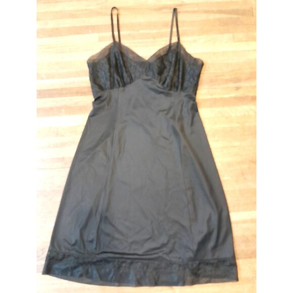 Vintage 50s Silky Nylon Lace Accent Pin Up Full Dress Sz 36 Slip Dark Choc Brown - Picture 7 of 11